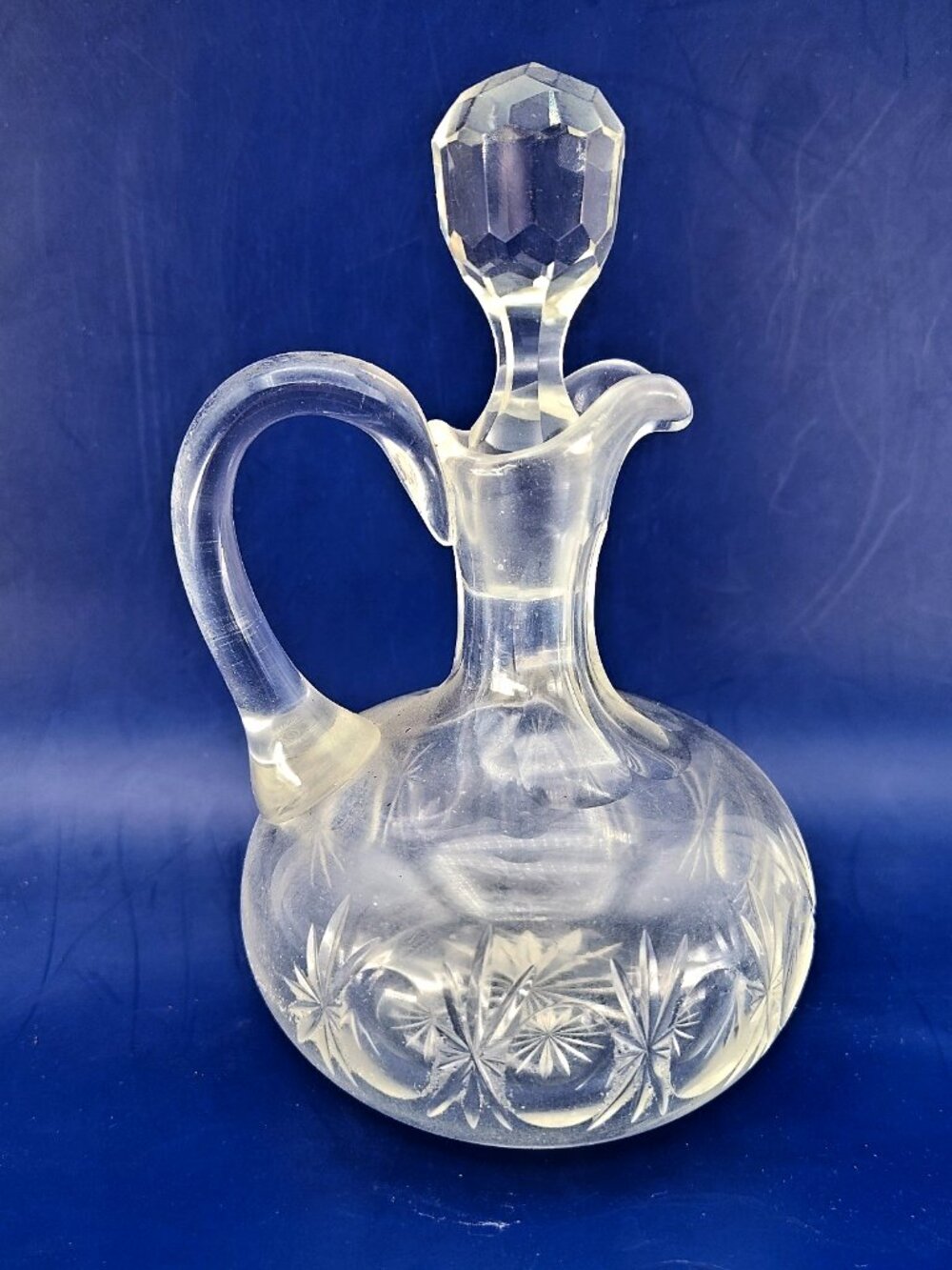 Vintage Cut Glass Cruet Decanter Bottle w/ Stopper Etched Starburst 6”